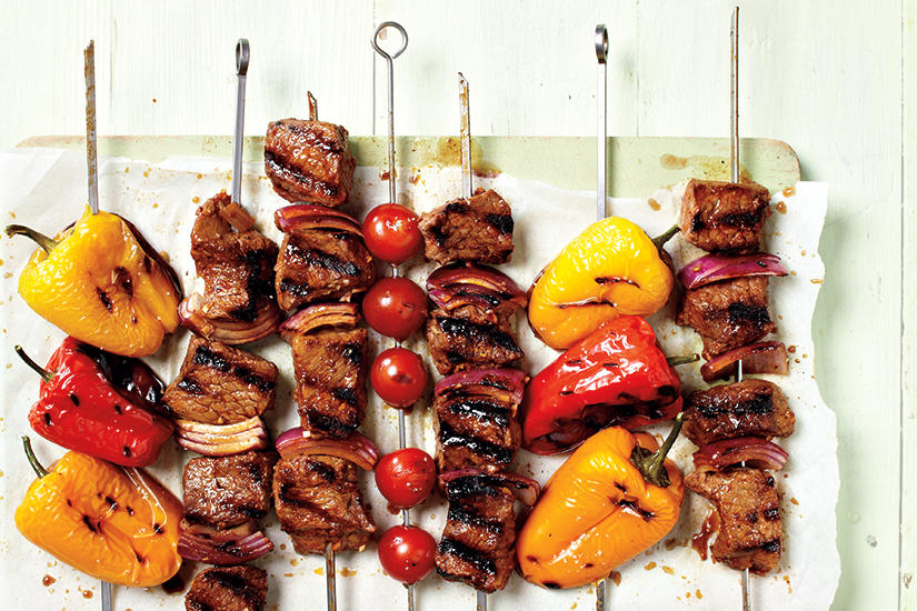 SPICY ADOBO BEEF BROCHETTES WITH MELON CUCUMBER RELISH