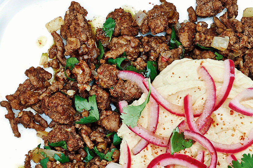 SPICED LAMB WITH HUMMUS AND PICKLED ONIONS