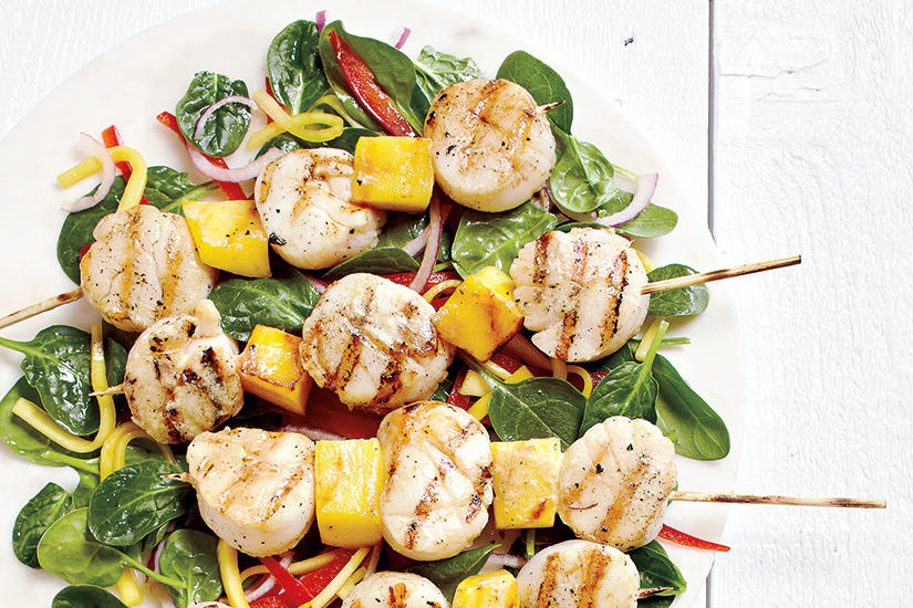 MANGO SCALLOP SKEWERS WITH SPINACH TOSS