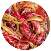 GRILLED ITALIAN SAUSAGE WITH SWEET AND SOUR PEPPERS AND ONIONS 
